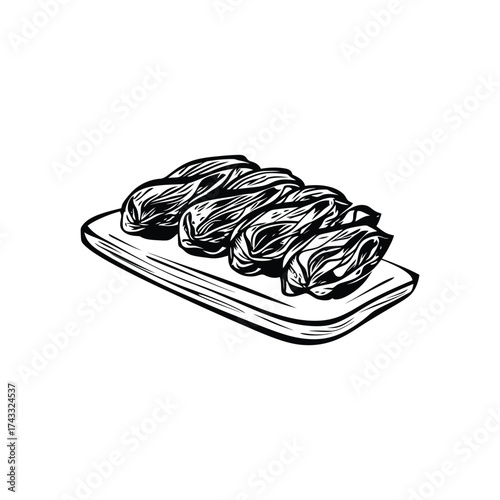 Hand drawn illustration of dried dates arranged on a wooden cutting board in black and white