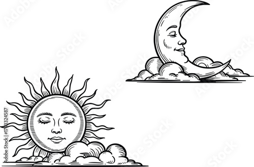 Sun and moon celestial illustration, mystical astrology artwork with human faces, cosmic night sky concept, spiritual symbolic design drawing