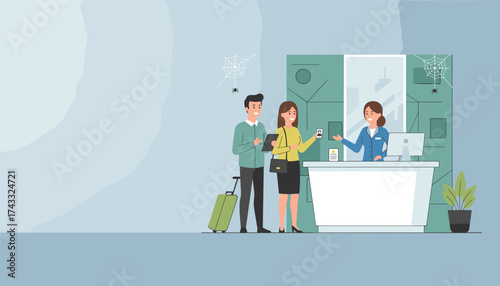 Couple with luggage checking in at a hotel reception greeted by a friendly staff member Travel concept