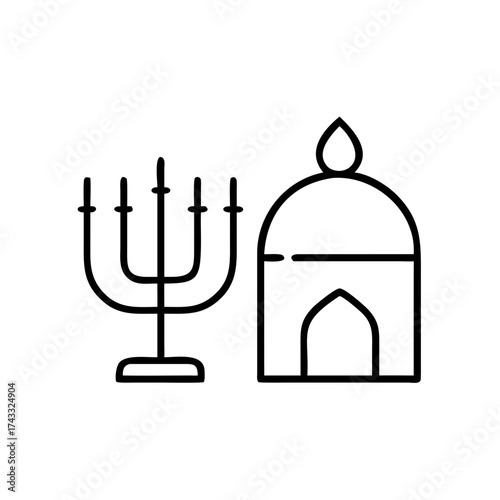 Icons of a menorah and a dome building in minimalist design  