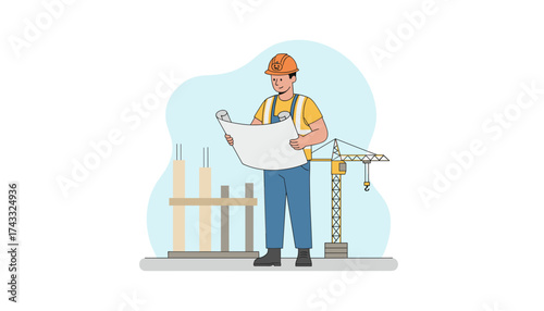 Construction worker reviewing blueprints on site symbolizing planning development and building