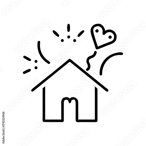Line art illustration of a house with heart and decorative elements  