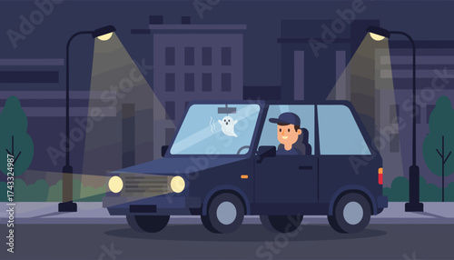 Happy man drives car at night in city with a friendly ghost Urban transport  spooky fun