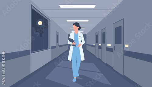 Dedicated doctor walks through a hospital hallway at night clipboard in hand Healthcare profession