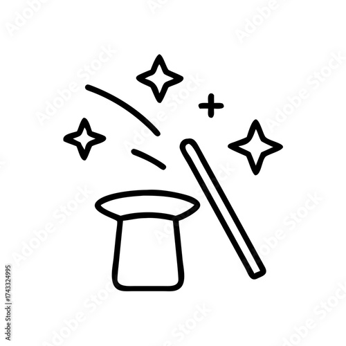 Magic hat and wand with sparkling stars as concept of icons  