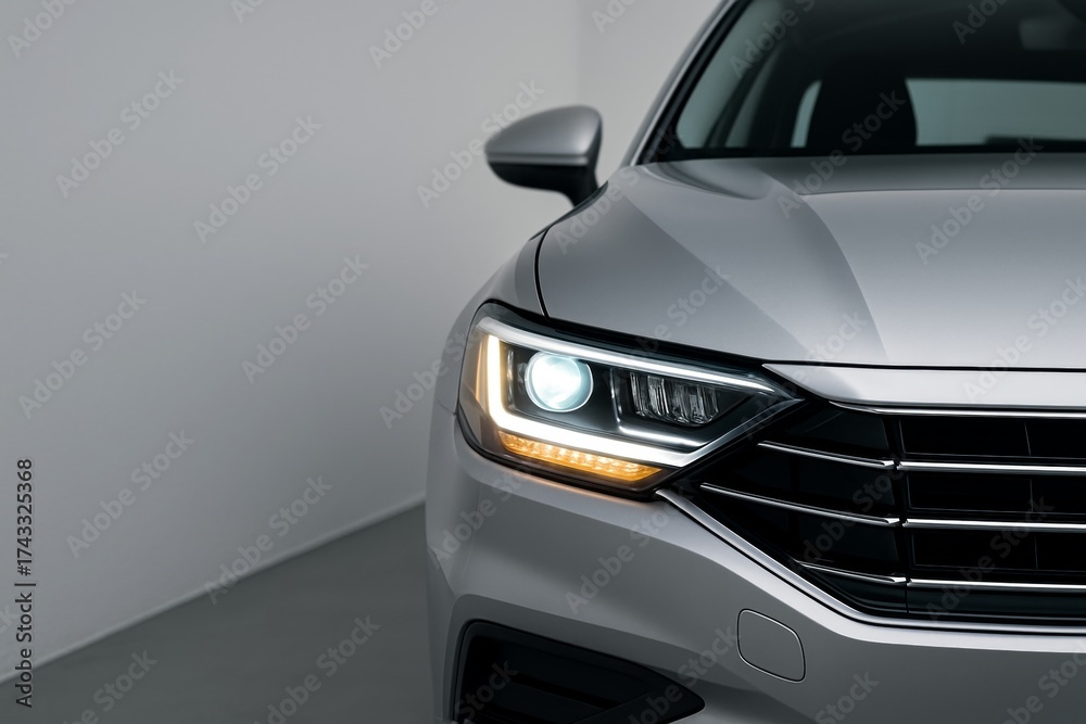 Fototapeta premium Close-up of modern silver car front headlight and grille design in studio lighting showcasing automotive design and transport concept aesthetics. Ai generative
