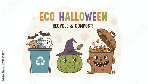 Eco Halloween illustration promoting recycling  composting with festive characters