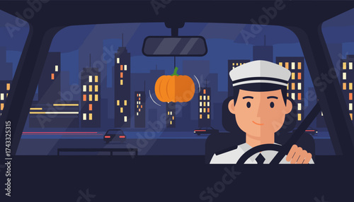 Cheerful driver in uniform with a festive pumpkin ornament driving through the city at night