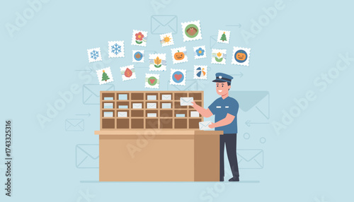 Smiling postman sorting mail and letters at a post office symbolizing communication  delivery service