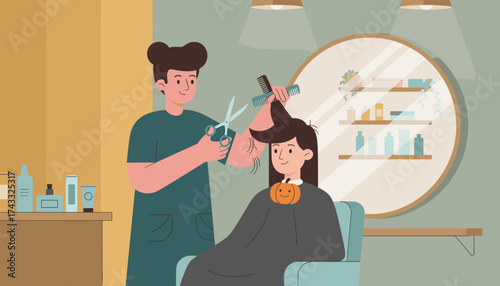 Hairdresser giving a haircut to a happy client in a modern salon symbolizing beauty and selfcare