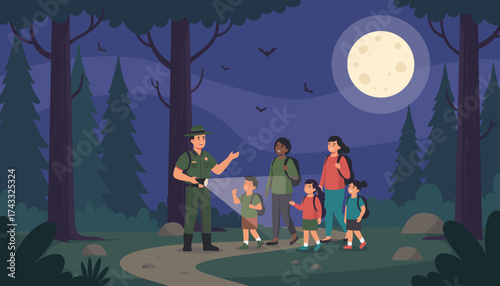 Park ranger guides family and kids on a night forest walk under a full moon exploring nature
