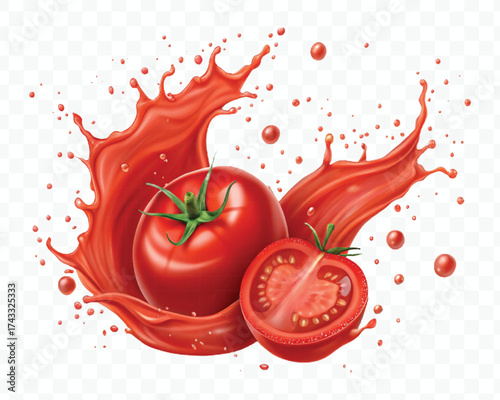 abstract 3d red tomato juice or ketchup sauce splashes in different style isolated on transparent background	