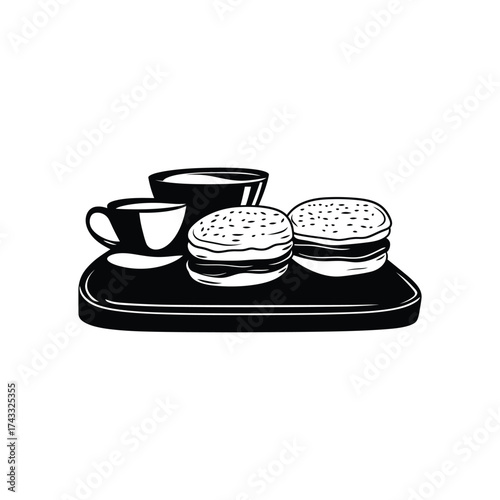 Black and white illustration of a breakfast tray with two burgers and a cup of coffee