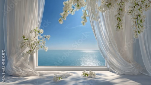 White curtains frame a serene ocean view with blooming flowers hanging from above, creating a peaceful indoor-outdoor scene.