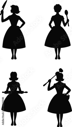 Vintage women silhouettes with kitchen utensils, retro domestic chores illustration, housewife roles holding knife spoon rolling pin ladle, homemaker lifestyle artwork