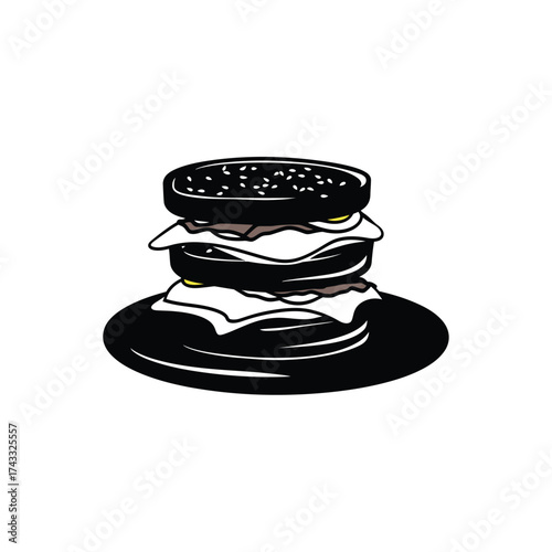 Hand drawn black and white illustration of a tall stacked hamburger on a plate
