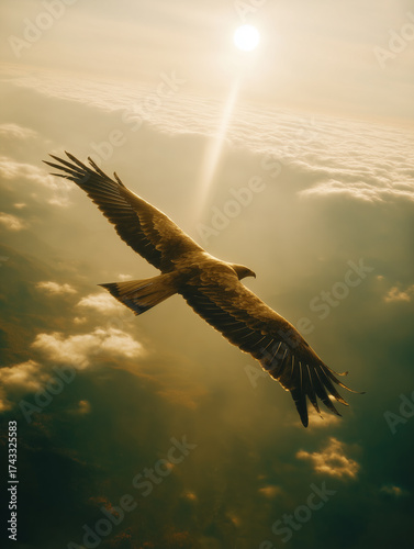 A large golden eagle with beautiful feather patterns.
