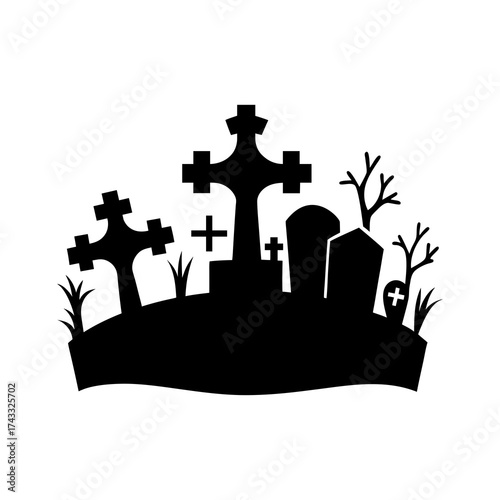 Black silhouette of a graveyard with tombstones and crosses. Halloween traditional design element, vector illustration
