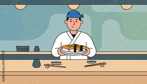 Smiling sushi chef proudly presents fresh nigiri at a traditional Japanese counter