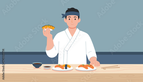 Smiling sushi chef proudly presents fresh Japanese nigiri on a wooden counter ready to serve