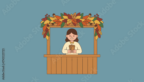 Smiling woman holding tickets at an autumn market stall with festive fall leaf decorations