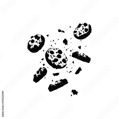 Black and white illustration of chocolate chip cookies breaking apart and scattering