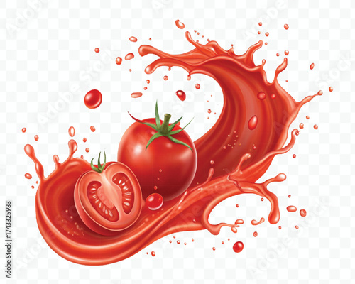 abstract 3d red tomato juice or ketchup sauce splashes in different style isolated on transparent background	