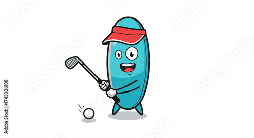 Funny cartoon pill character playing golf with enthusiastic expression in vibrant illustration