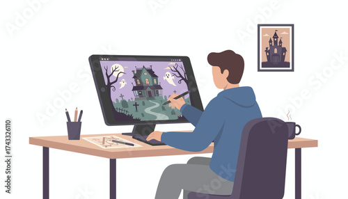 Digital artist creating Halloween haunted house illustration on drawing tablet Creativity design spooky fun