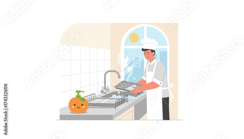 Smiling chef washing dishes in a clean kitchen Daily chores hygiene and domestic life