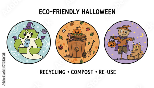 Cartoon icons promote ecofriendly Halloween recycle symbol ghost compost bin scarecrow with robot
