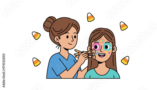 Woman face painting a girl for Halloween with colorful designs and candy corn