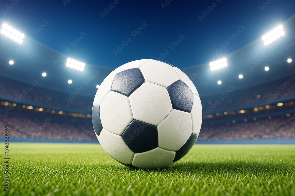 Naklejka premium Close-up of classic black and white soccer ball on green grass field under bright stadium lights at night with blurred crowd in background.