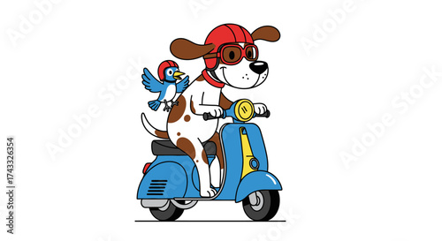 Cartoon illustration of a dog with a helmet riding a scooter with a bluebird friend creating a