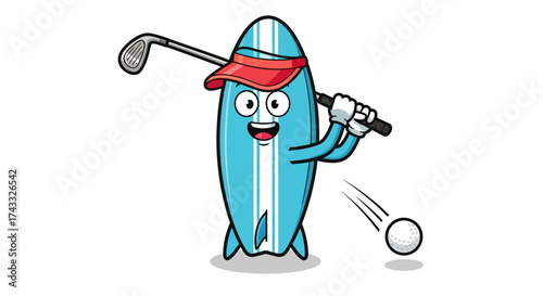 A lighthearted cartoon illustration featuring a surfboard character playing golf with enthusiasm