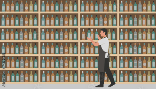 Sommelier or shop worker selecting bottles from vast liquor store shelves