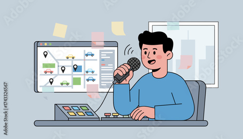 Man in a call center or dispatch setting speaking into a microphone with a navigation map