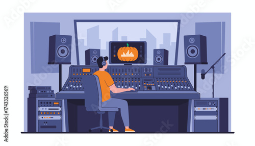 Man in headphones mixing audio with a pumpkin waveform in a professional recording studio