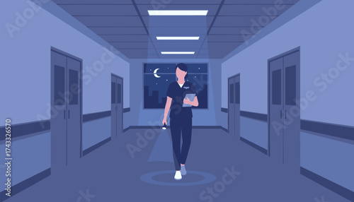 Dedicated nurse on a night shift walking through a hospital corridor with a flashlight