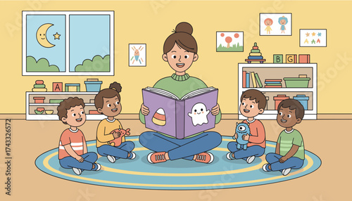 Diverse children enjoy a Halloween story read by their teacher during engaging story time