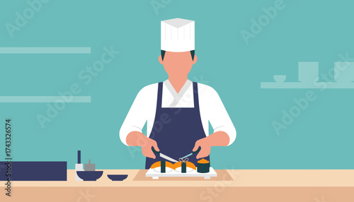 Chef preparing fresh sushi with a knife at a counter highlighting Japanese culinary skill