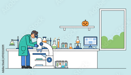 Scientist conducting research with a microscope in a laboratory surrounded by scientific equipment