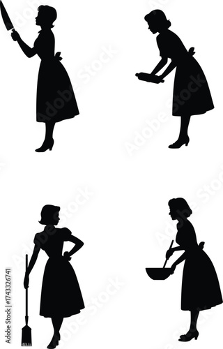 Silhouette woman domestic chores, cooking cleaning housework, female figure with broom rolling pin knife bowl, traditional homemaker lifestyle illustration