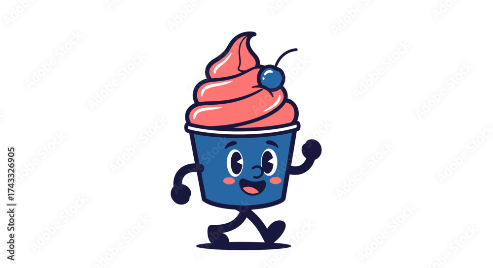 Obraz premium Cheerful Cartoon Cupcake Character with Retro Style and a Playful Expression for Dessert