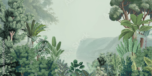 Tropical Garden Illustration, Wall Moral, Mughal Garden Illustration, Watercolor Background, Wedding Wallpaper.
