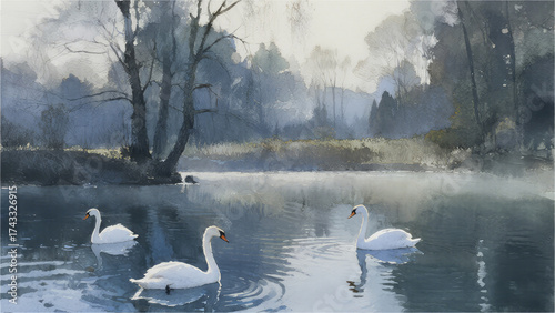 Serene Swan Lake: Tranquil swans glide gracefully across a calm lake, their reflections mirroring in the still waters, as a gentle mist envelops the picturesque scenery.