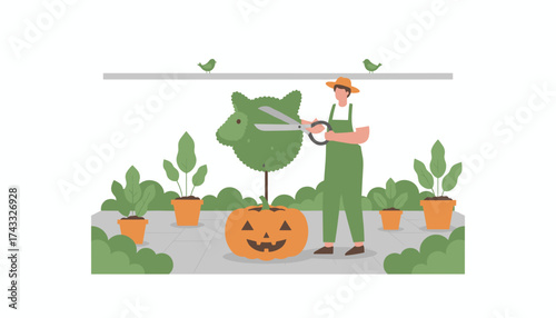 Gardener shapes pig topiary next to a festive Halloween jackolantern in a serene garden
