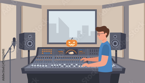 Man in recording studio operates mixing console for music production with Halloween pumpkin decor