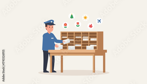 Postman sorting mail at a sorting station with seasonal icons symbolizing communication and delivery