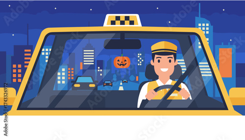 Happy taxi driver in a cab with a Halloween pumpkin driving through a city at night